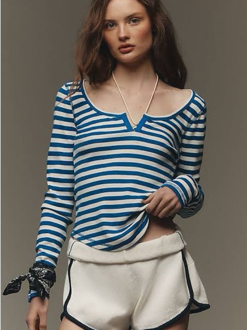 NWT Anthropologie Pilcro Notched Long-Sleeve Tee - Blue Stripe Sz M